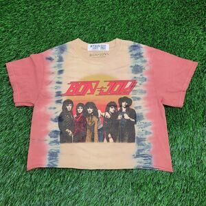 Bon-Jovi Crop-Top Shirt Womens Small 17x16 Colorblock Tie-Dye